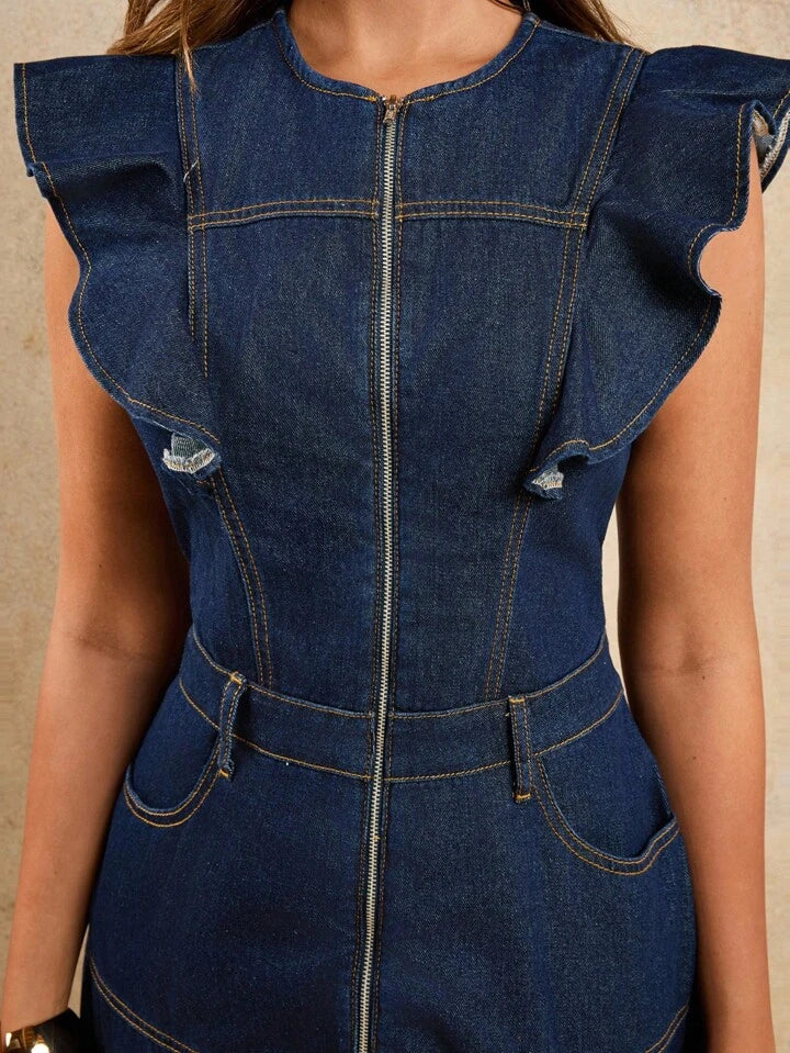 CM-DS035018 Women Elegant Seoul Style Solid Color Zip Fly Flutter Sleeve A-Line Ruffle Hem Denim Maxi Dress - Blue
