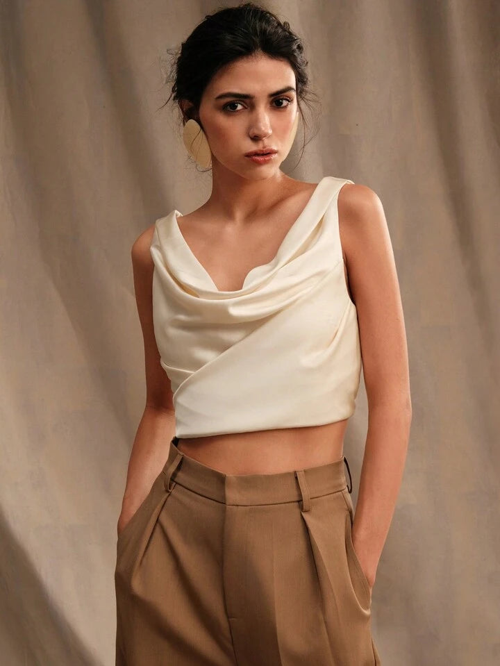 CM-TS599049 Women Casual Seoul Style Solid Color Drop Neck Sleeveless Shirt - Beige