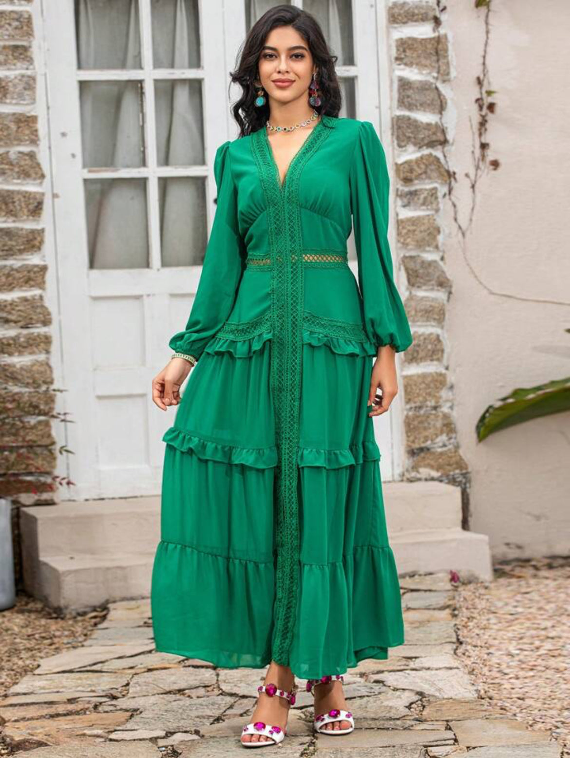 CM-DS217609 Women Elegant Seoul Style V-Neck Lantern Sleeve Hollow Out Ruffle Maxi Dress - Green