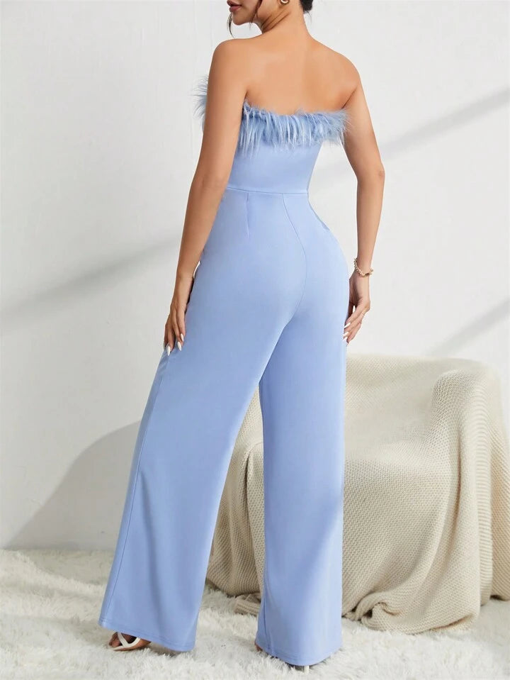 CM-JS720804 Women Elegant Seoul Style Splice Furry Strapless Jumpsuit - Baby Blue