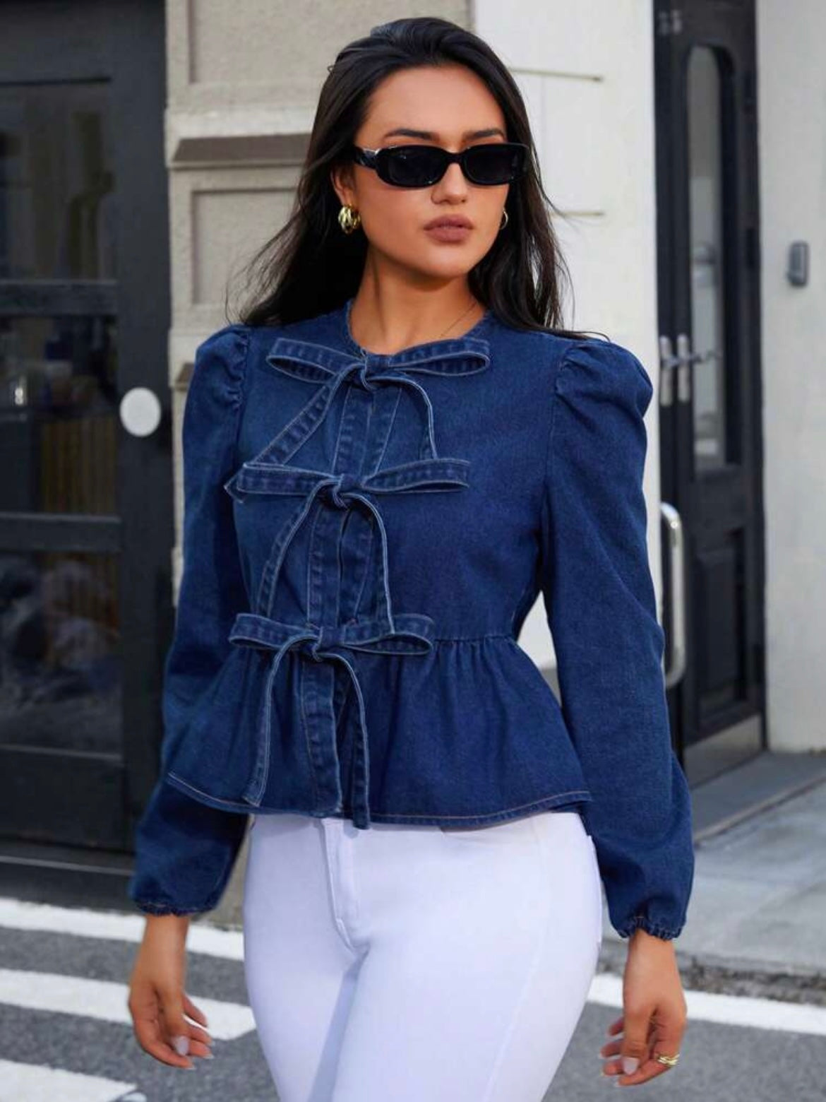 CM-TS244043 Women Casual Seoul Style Dark Wash Round Neck Bow Decor Long Sleeve Denim Blouse