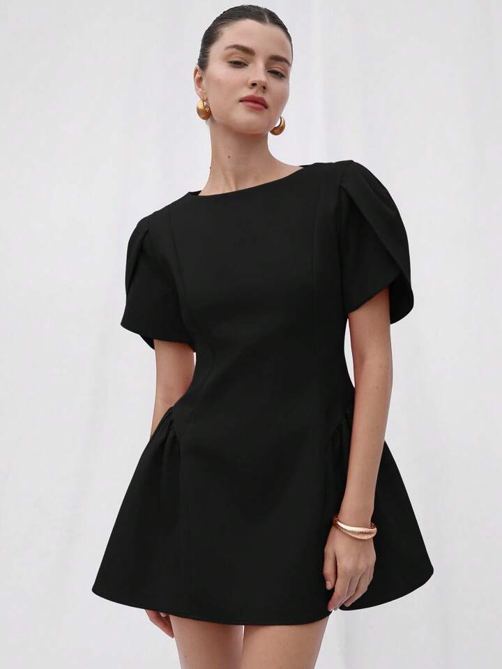CM-DS728074 Women Elegant Seoul Style Tulip Print Puff Spliced Hem Round Neck Short Sleeve Dress - Black