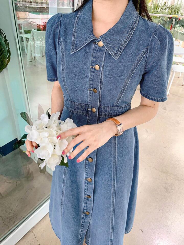CM-DS280478 Women Casual Seoul Style Medium Wash Shirt Collar Riveted Puff Sleeve Denim Dress