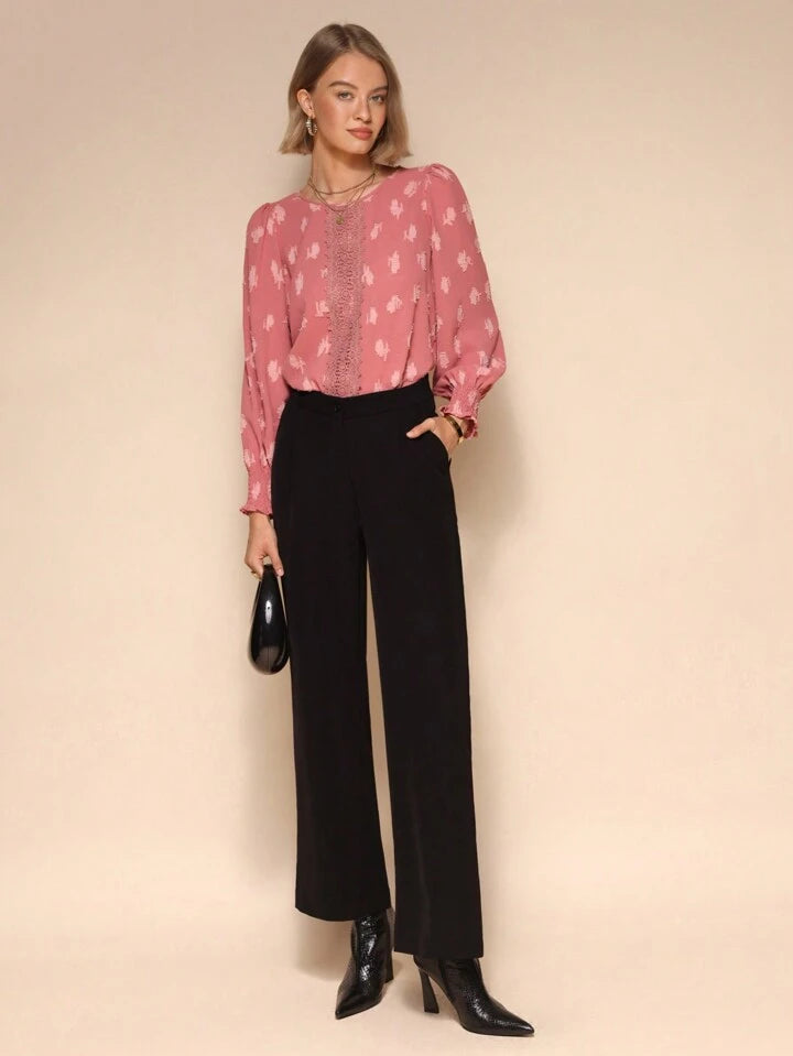 CM-TS656545 Women Casual Seoul Style Lace Patchwork Round Neck Long Sleeve Blouse - Pink