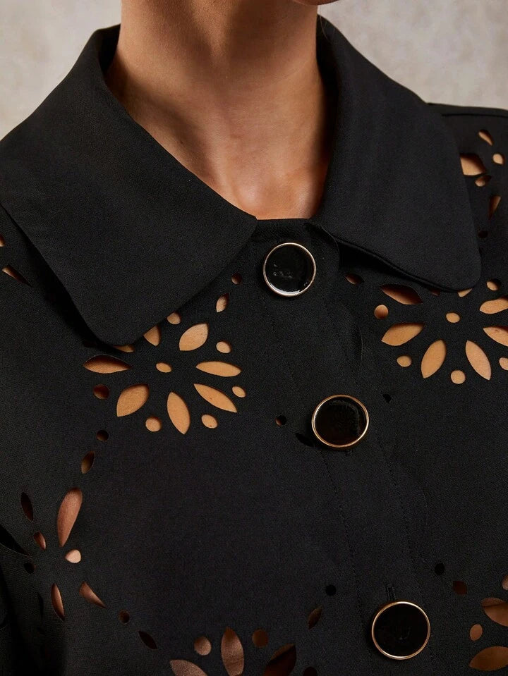 CM-SS040471 Women Elegant Seoul Style Laser Cut Long Sleeve Single-Breasted Blouse With Loose Shorts - Set