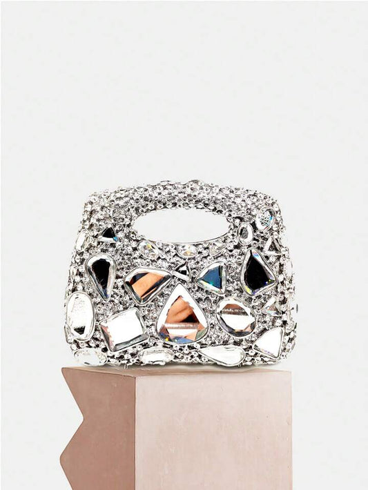 CM-BGS369899 Women Elegant Seoul Style Handmade Glass Rhinestone Clutch Bag - Silver