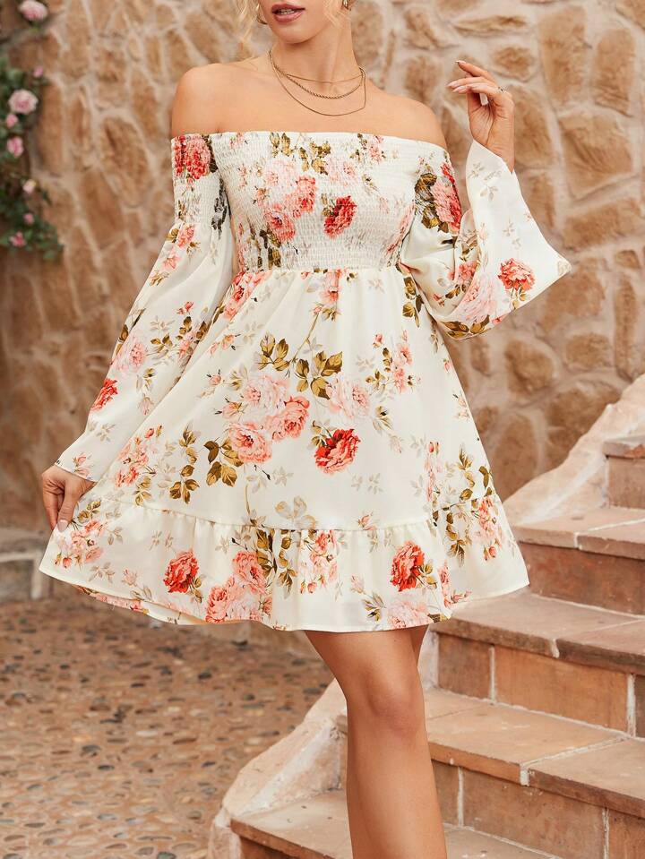 CM-DS394493 Women Trendy Bohemian Style Off Shoulder Romantic Floral Long Sleeve Dress