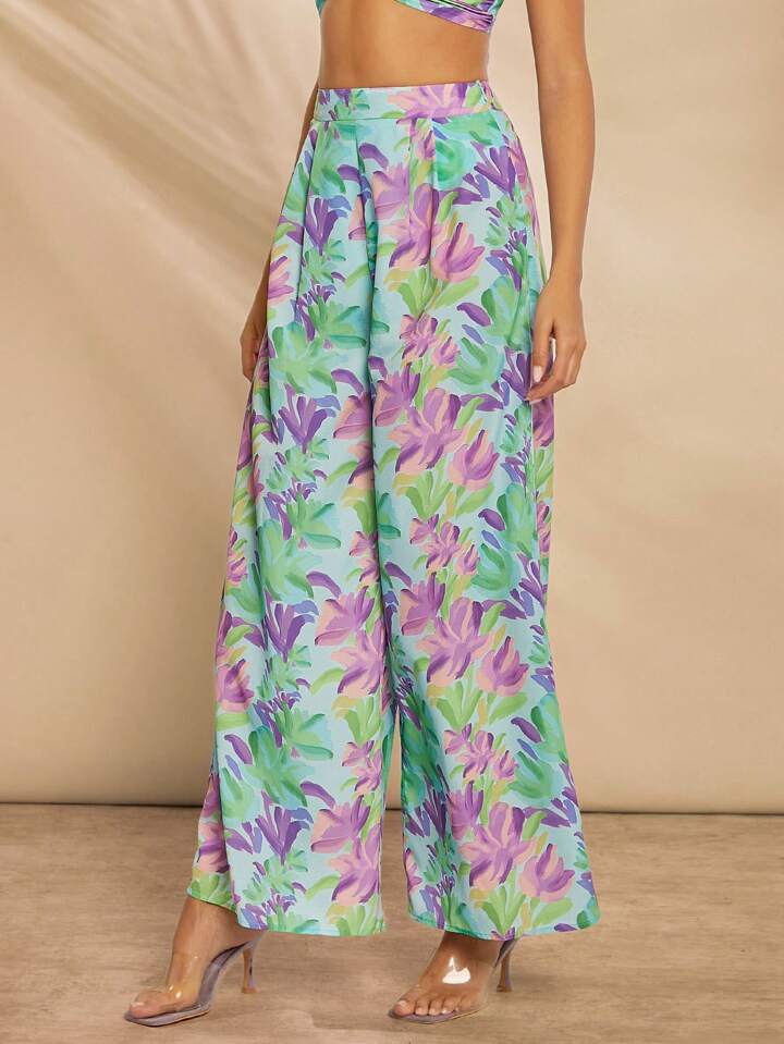 CM-BS166939 Women Trendy Bohemian Style Floral Print Pleated Wide Leg Pants - Blue