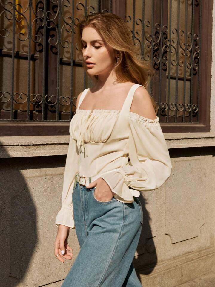 CM-TS221233 Women Elegant Seoul Style Tie Front Off-Shoulder Collared Shirt - Beige