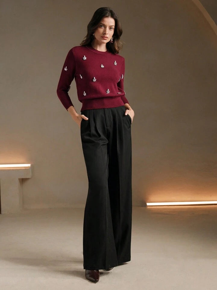 CM-TS561461 Women Casual Seoul Style Rhinestone Decor Round Neck Long Sleeve Knitted Top - Burgundy