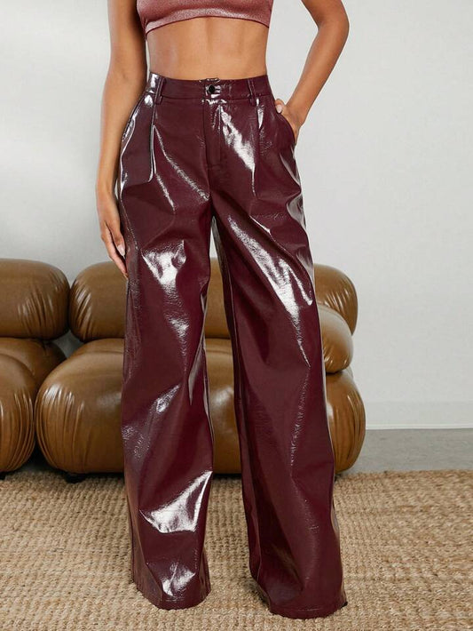 CM-BS499510 Women Elegant Seoul Style Slant Pocket PU Leather Wide Leg Pants - Burgundy