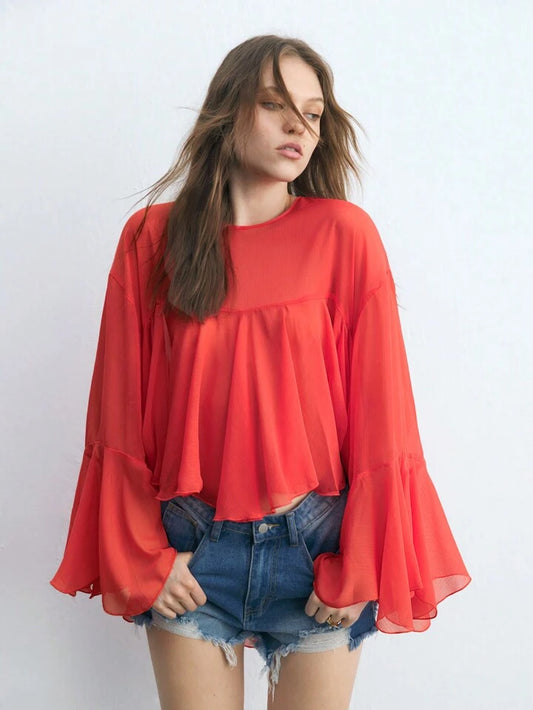 CM-TS115361 Women Trendy Bohemian Style Round Neck Long Sleeve Asymmetrical Mesh Shirt - Red