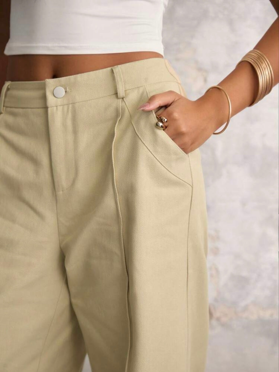 CM-BS760766 Women Casual Seoul Style Front Button Pocket Drop Waist Wide Leg Pants - Khaki