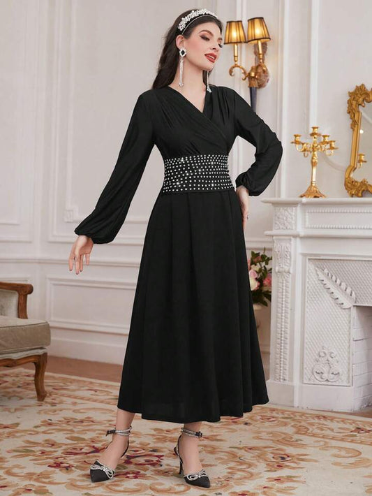 CM-DS472488 Women Elegant Seoul Style Rhinestone Decorated Lantern Sleeve Dress - Black