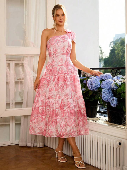 CM-DS902018 Women Elegant Seoul Style One-Shoulder Cut-Out Floral Print Dress - Pink