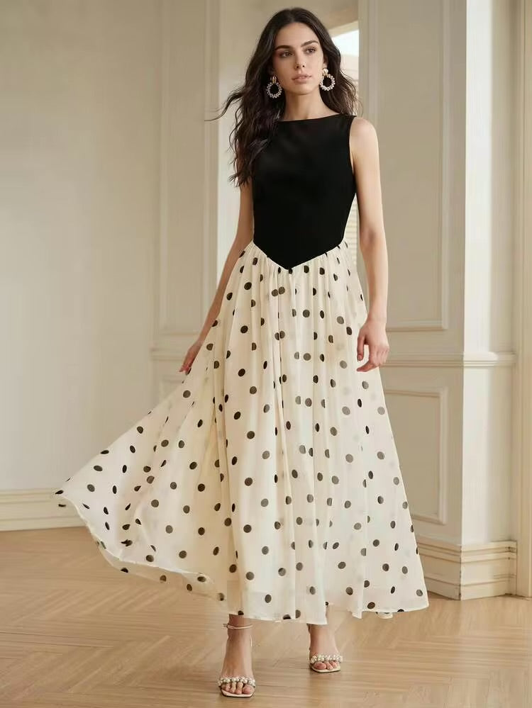 CM-DS474780 Women Elegant Seoul Style Boat Neck Sleeveless Polka Dot Print Patchwork Long Dress