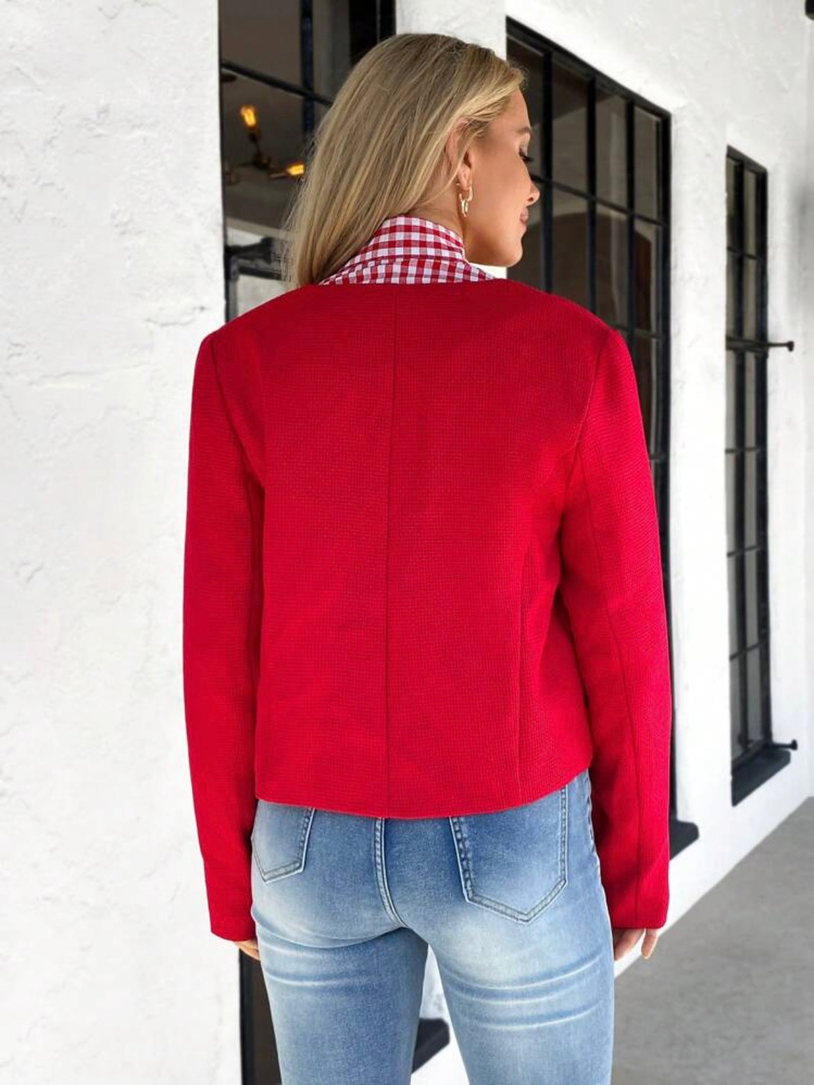 CM-CS061171 Women Casual Seoul Style Long Sleeve Textured Fabric Short Jacket - Red