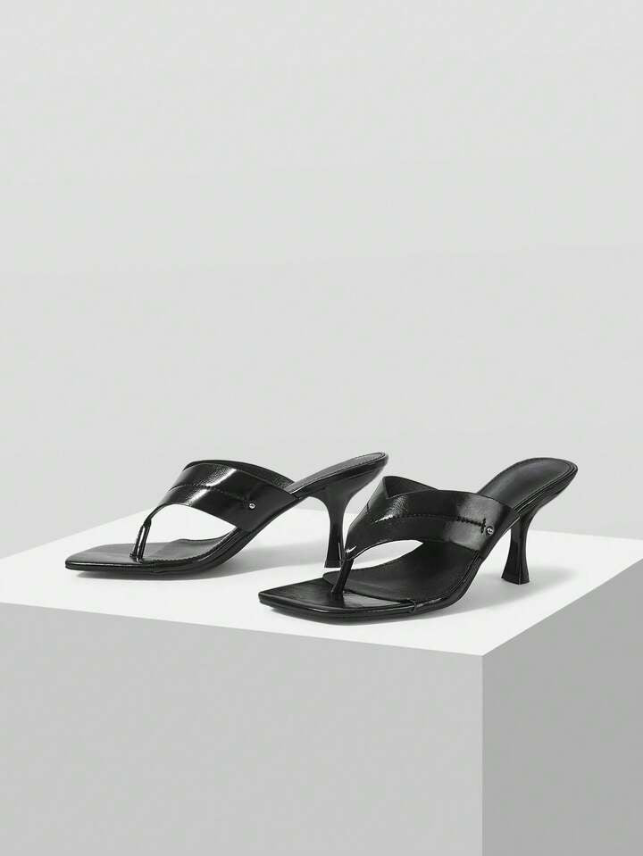 CM-SHS000408 Women Trendy Seoul Style Minimalist Square Head High Heel Sandals - Black