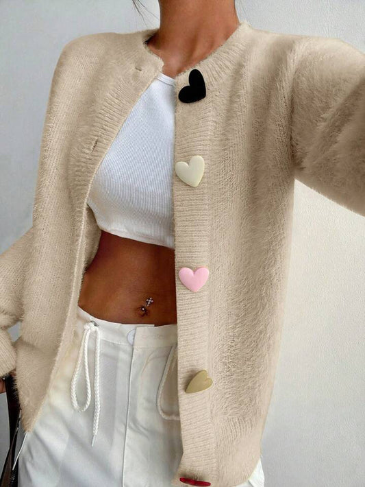 CM-CS364444 Women Casual Seoul Style Colorful Heart Button Front Cardigan - Apricot