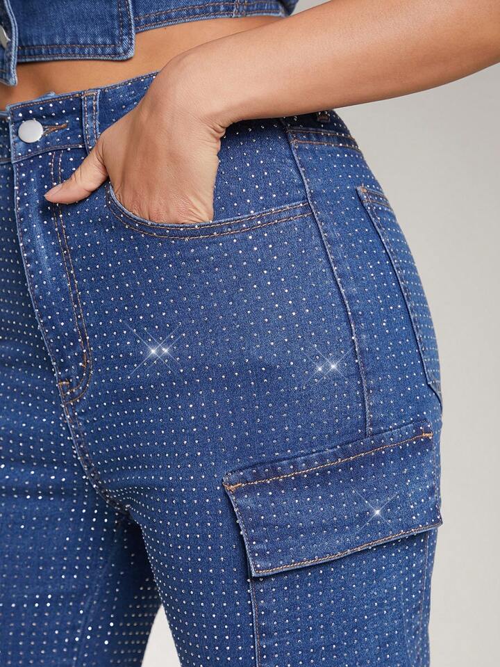 CM-BS698800 Women Elegant Seoul Style Rhinestone Flap Pocket Side Cargo Mid Ride Jeans - Blue