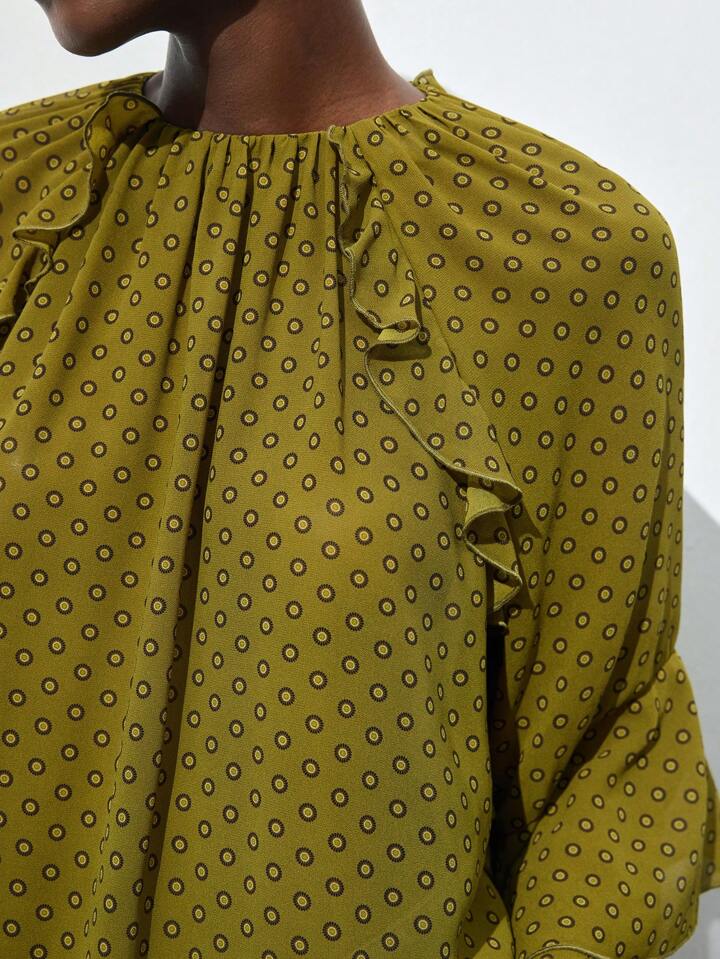 CM-TS667004 Women Elegant Seoul Style Round Neck Polka Dot Ruffle Hem Bell Sleeve Blouse - Green