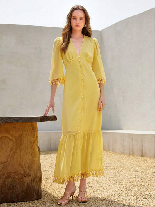 CM-DS080130 Women Elegant Seoul Style Deep V-Neck Floral Lace Trim 3/4 Sleeve Button Design A-Line Dress - Yellow