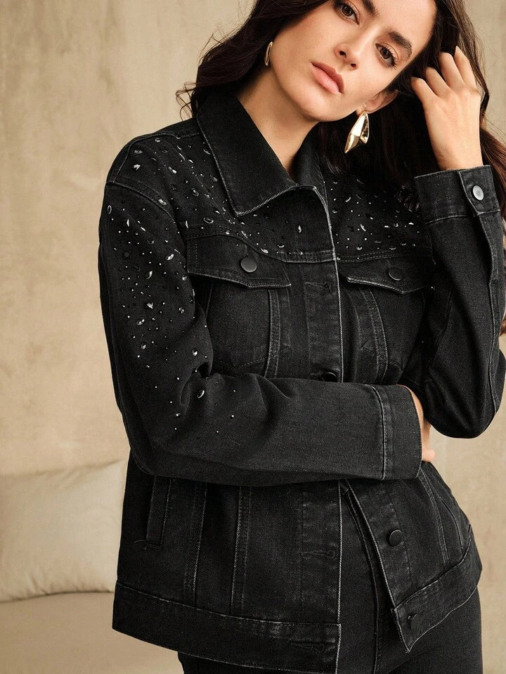 CM-CS798888 Women Casual Seoul Style Collar Neckline Long Sleeve Street-Style Diamond Embellished Indigo Denim Jacket
