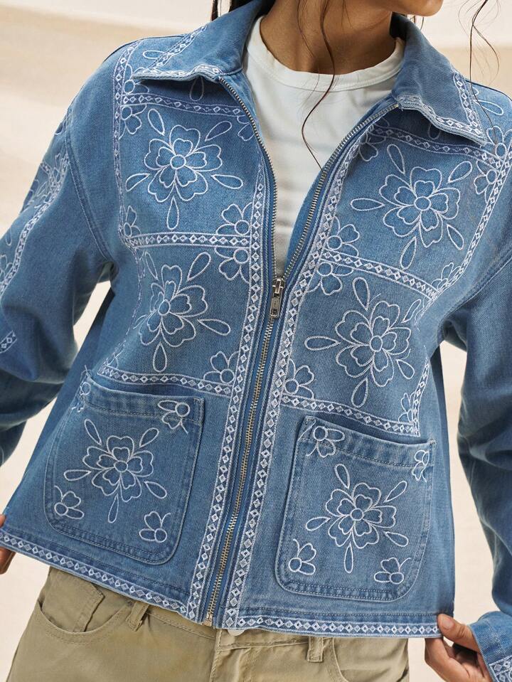 CM-CS082050 Women Casual Seoul Style Collar Neckline Long Sleeve Floral Embroidery Denim Jacket - Blue
