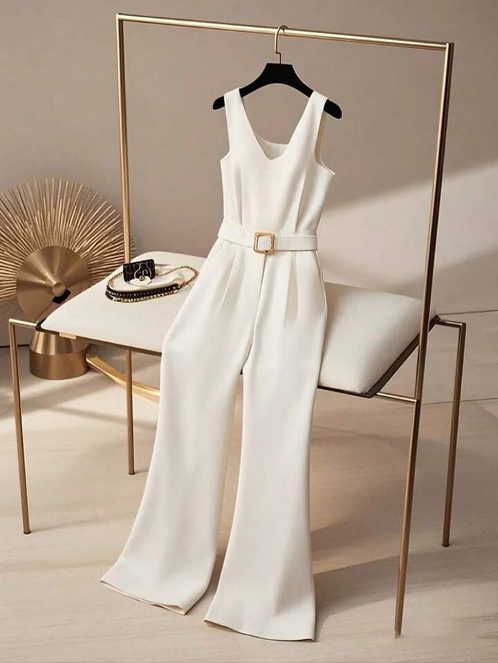 CM-JS203484 Women Elegant Seoul Style Solid Color V-Neck Sleeveless Pleated Wide Leg Jumpsuit - White