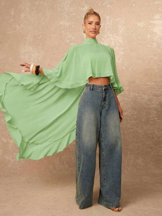 CM-TS255288 Women Casual Seoul Style Asymmetric Ruffle Hem Loose Collar Shawl Blouse - Green