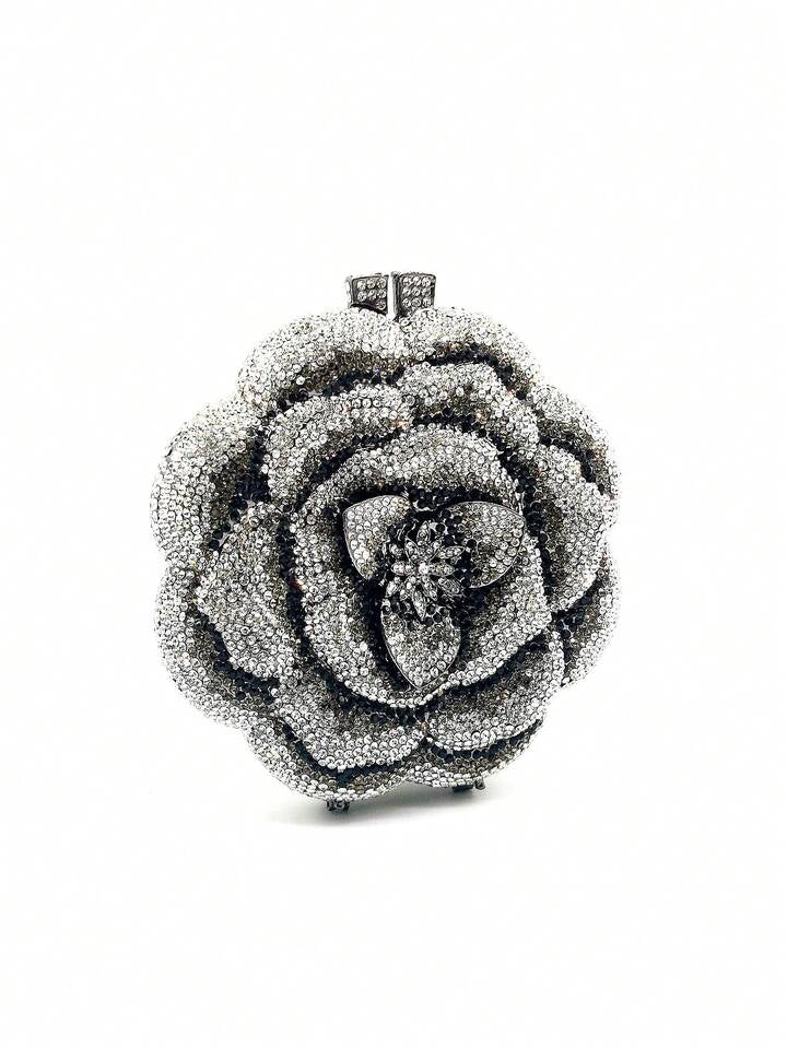 CM-BGS087877 Women Elegant Seoul Style Floral Design Rhinestone Crystal Handmade Clutch Bag - Black