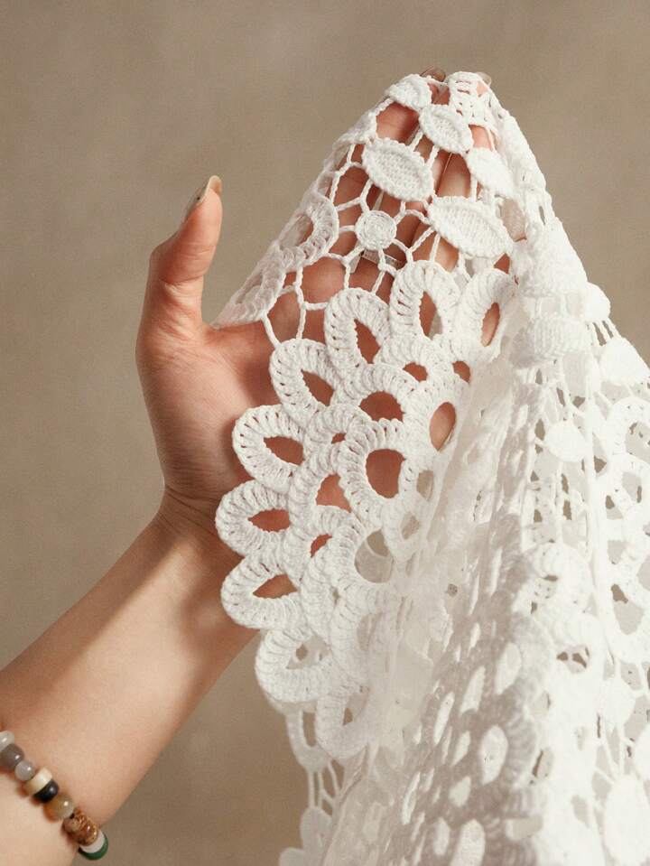 CM-TS423323 Women Casual Seoul Style Collar Neckline Half Sleeve Floral Hollow Out Lace Shirt Blouse - White