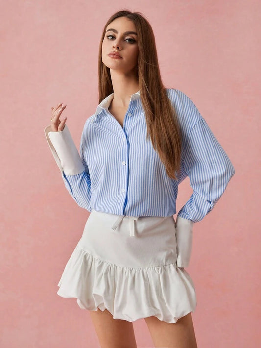 CM-TS919017 Women Casual Seoul Style Stripe Patchwork Collar Neckline Long Sleeve Blouse - Blue