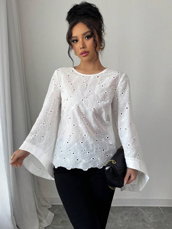 CM-TS905519 Women Casual Seoul Style Round Neck Exaggerated Flare Sleeve Embroidered Hollow Out Shirt