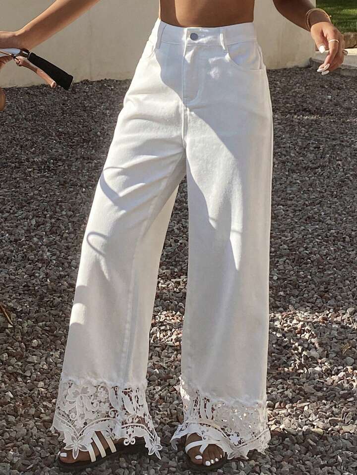 CM-BS987069 Women Casual Seoul Style Mid Waist Solid Color Lace Patchwork Wide-Leg Jeans - White