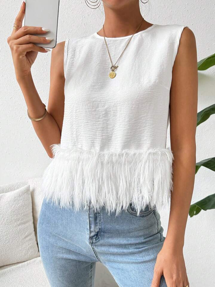 CM-TS998788 Women Casual Seoul Style Round Neck Sleeveless Loose Furry Hem Blouse - White
