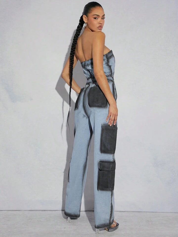 CM-JS191157 Women Elegant Seoul Style Light Wash Colorblock Tube Cargo Denim Jumpsuit