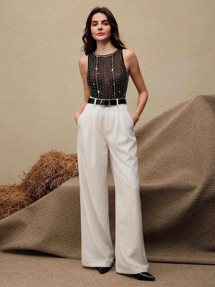 CM-TS017756 Women Elegant Seoul Style Round Neck Sleeveless Beaded Chiffon Mesh Tank Top - Black