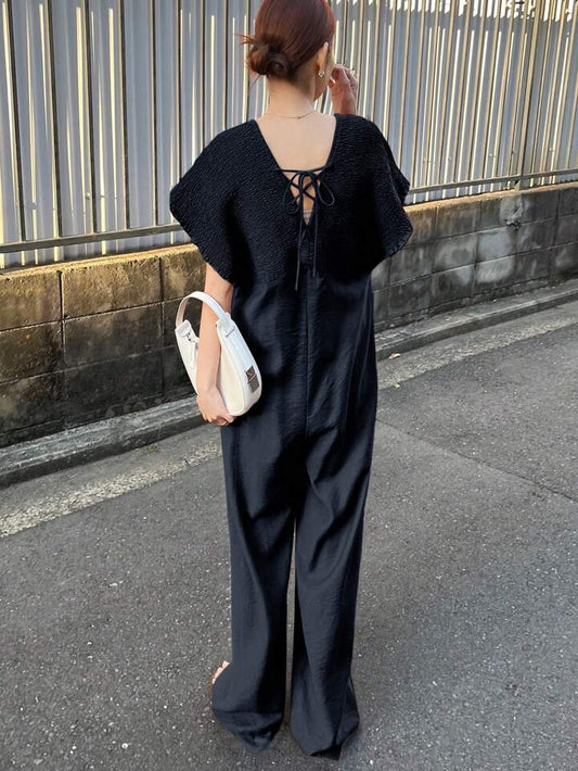 CM-JS657887 Women Trendy Bohemian Style V-Neck With Drawstring Jumpsuit Trousers - Navy Blue
