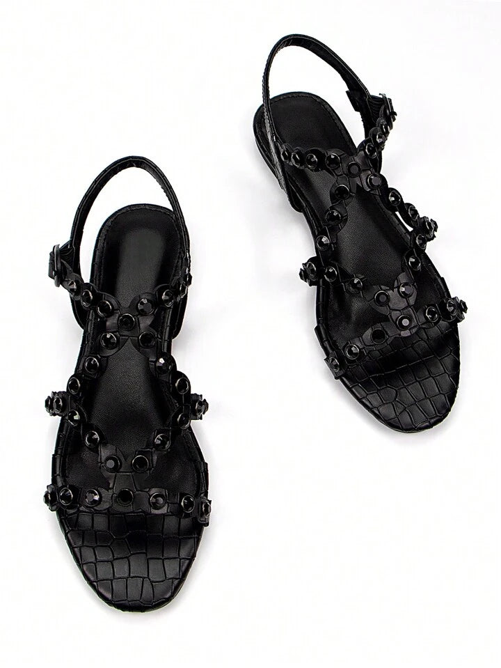 CM-SHS499870 Women Trendy Seoul Style Rhinestone Decor Hollow Embossed Round Toe Slingback Flat Sandals
