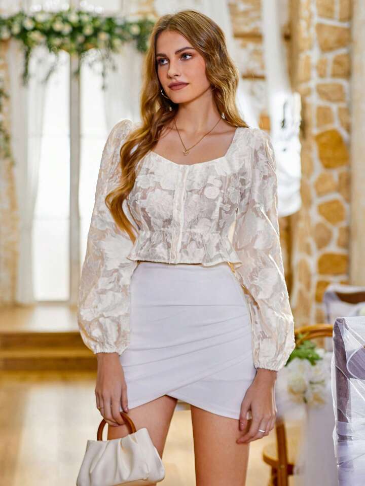 CM-TS369159 Women Casual Seoul Style Ruffle Trim Jacquard Lantern Sleeve Shirt - Apricot