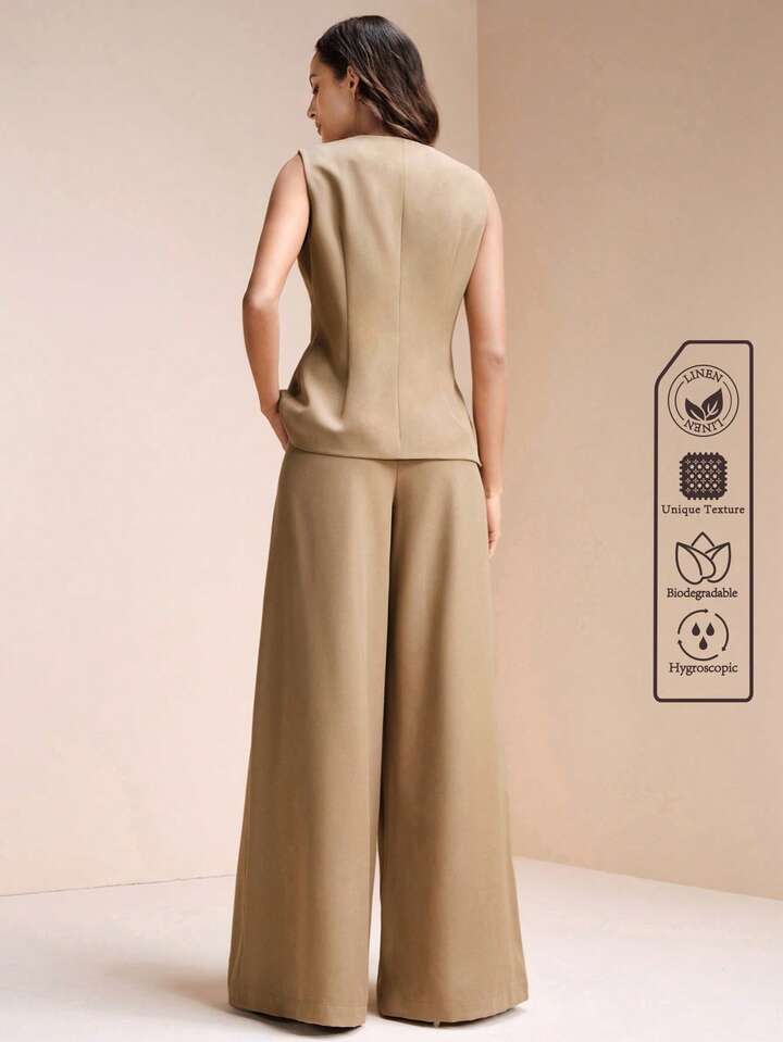 CM-SS173741 Women Elegant Seoul Style Linen Round Neck Sleeveless Vest With High Waist Beaded Wide Leg Pants - Set