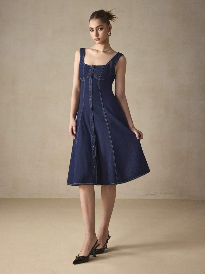 CM-DS519878 Women Elegant Seoul Style Solid Color Square Neck Sleeveless Knee Length Denim Dress - Blue