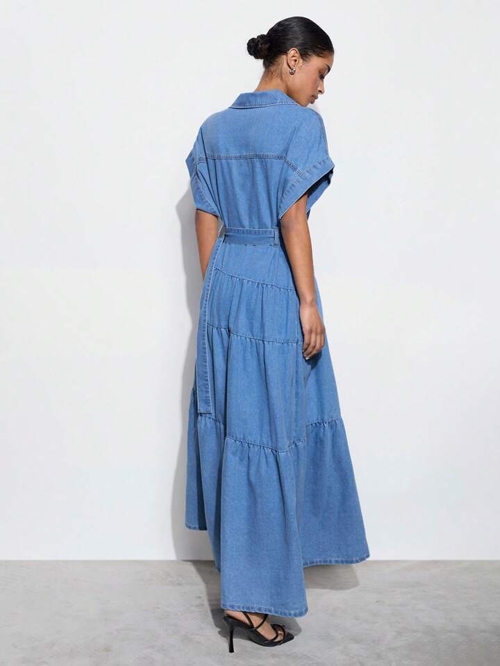CM-DS583059 Women Casual Seoul Style Medium Wash Collar Neckline Batwing Sleeve Loose Denim Dress