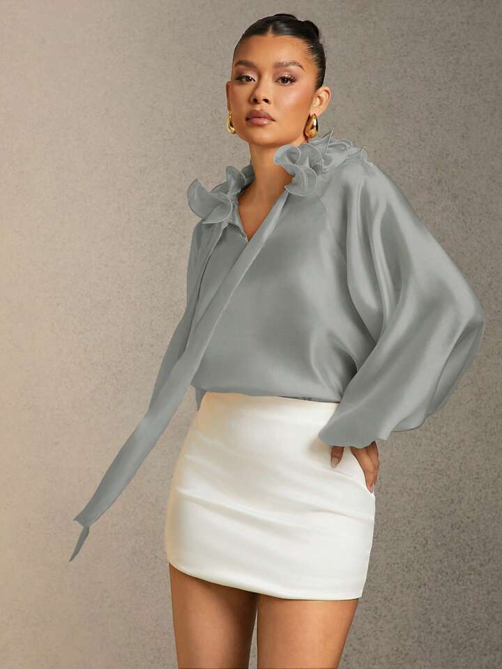 CM-TS726254 Women Elegant Seoul Style Solid Color Ruffle Trim Tie Neck Lantern Sleeve Blouse - Silver