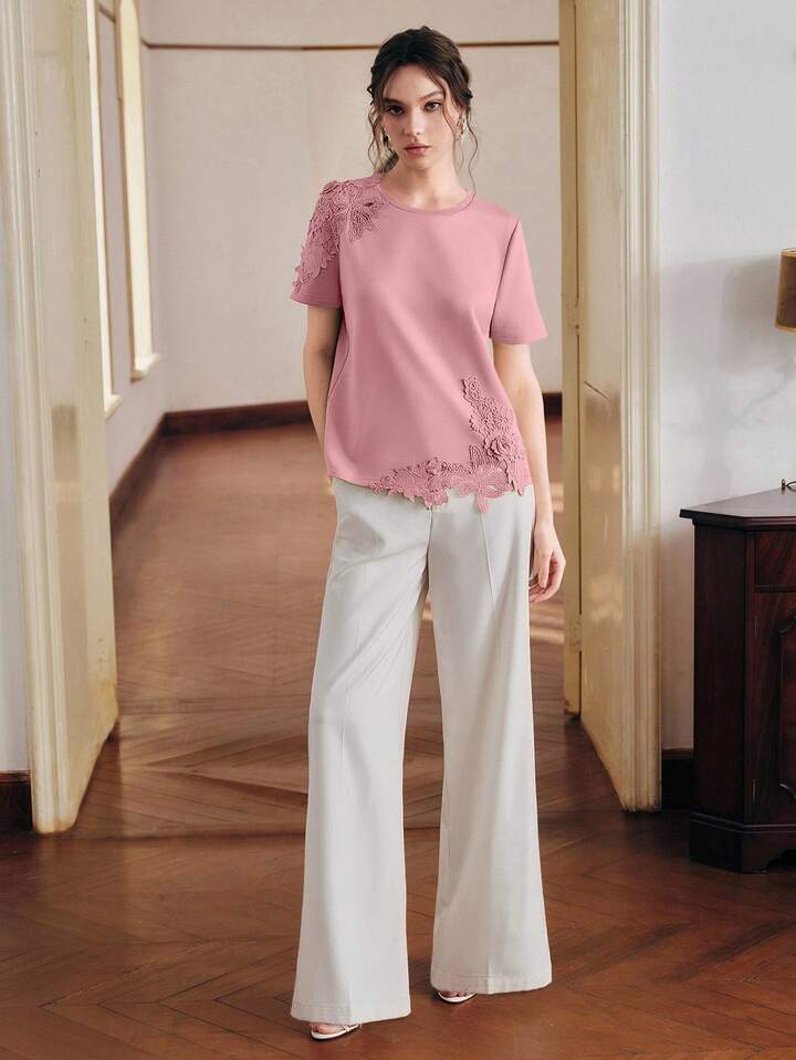 CM-TS182900 Women Elegant Seoul Style Round Neck Short Sleeve Lace Patchwork 3D Embroidered Floral Knit T-Shirt - Dusty Pink