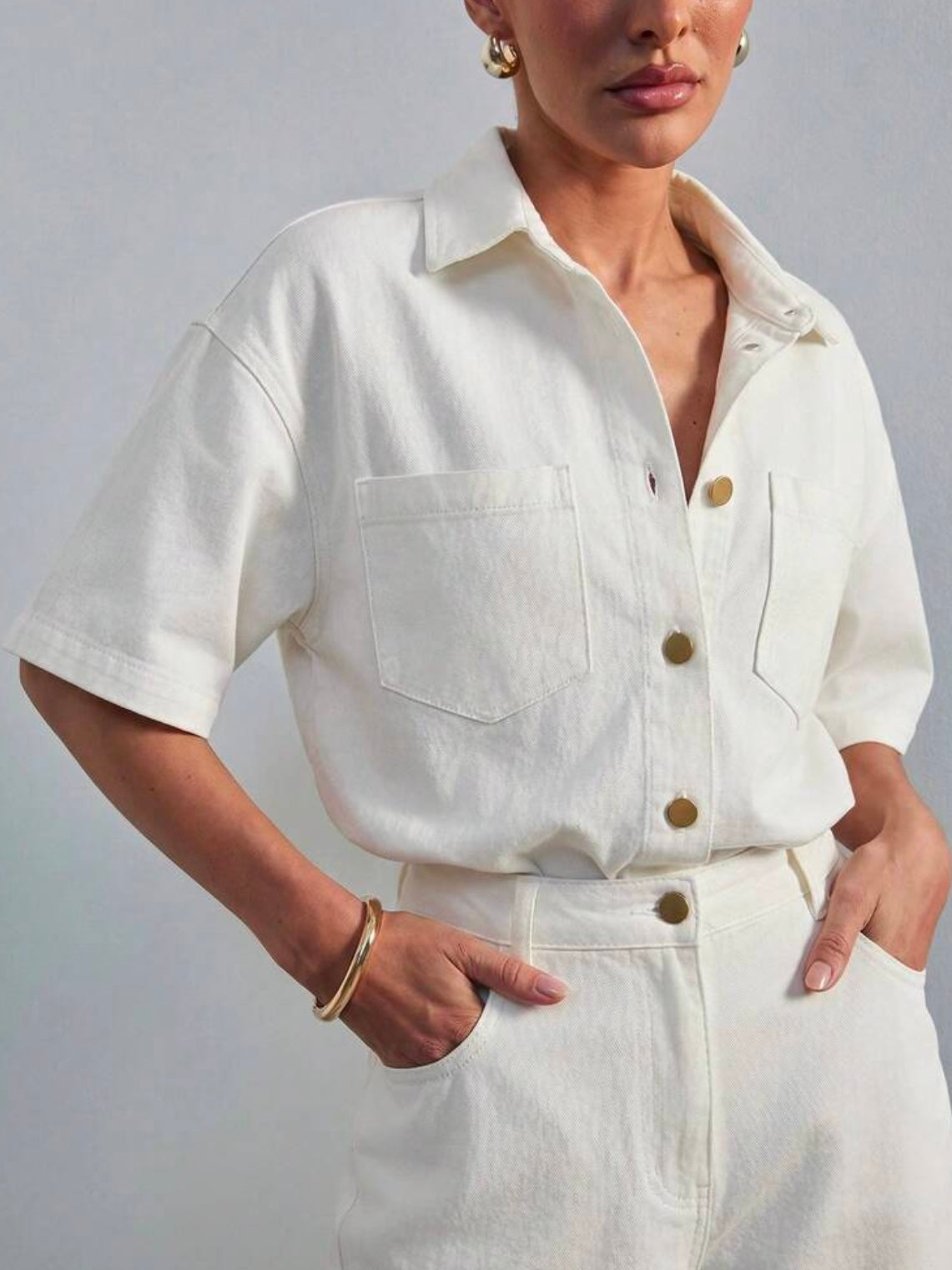 CM-JS836189 Women Casual Seoul Style Collared Short Sleeve Relaxed Denim Jumpsuit - Apricot