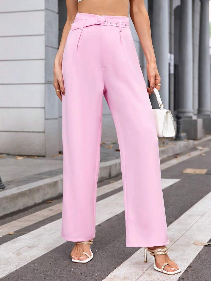 CM-BS864169 Women Casual Seoul Style Solid Color High Waist Belted Straight Leg Pants - Pink