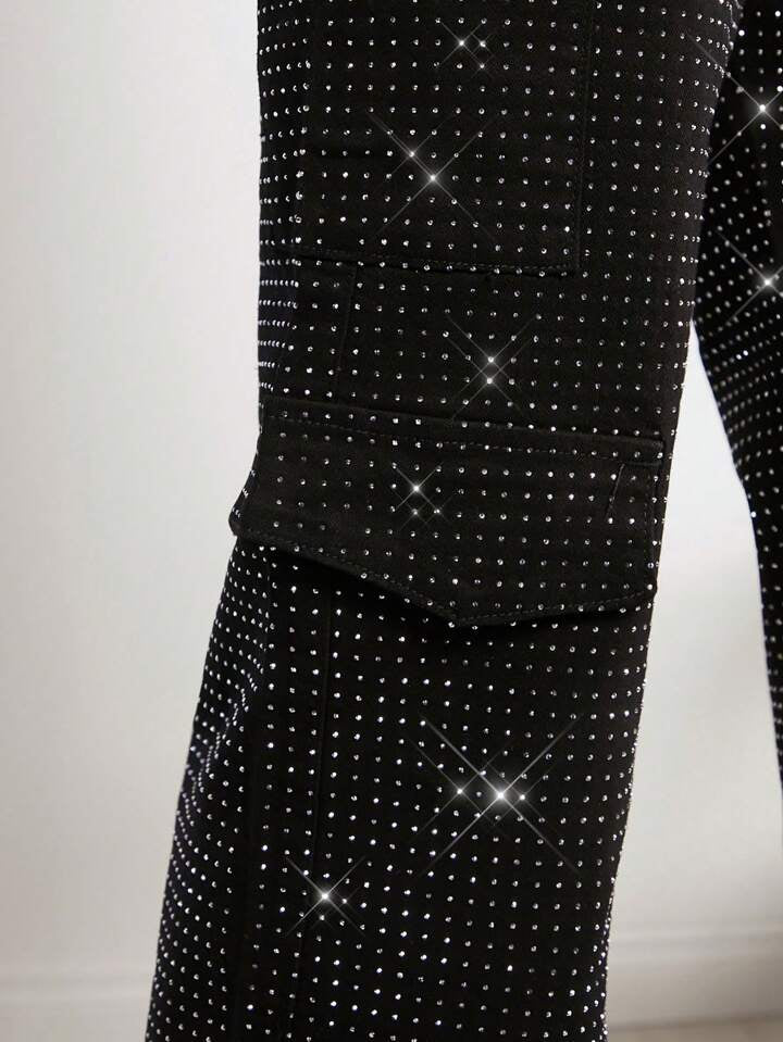 CM-BS557796 Women Elegant Seoul Style Rhinestone Flap Pocket Side Cargo Mid Ride Jeans - Black