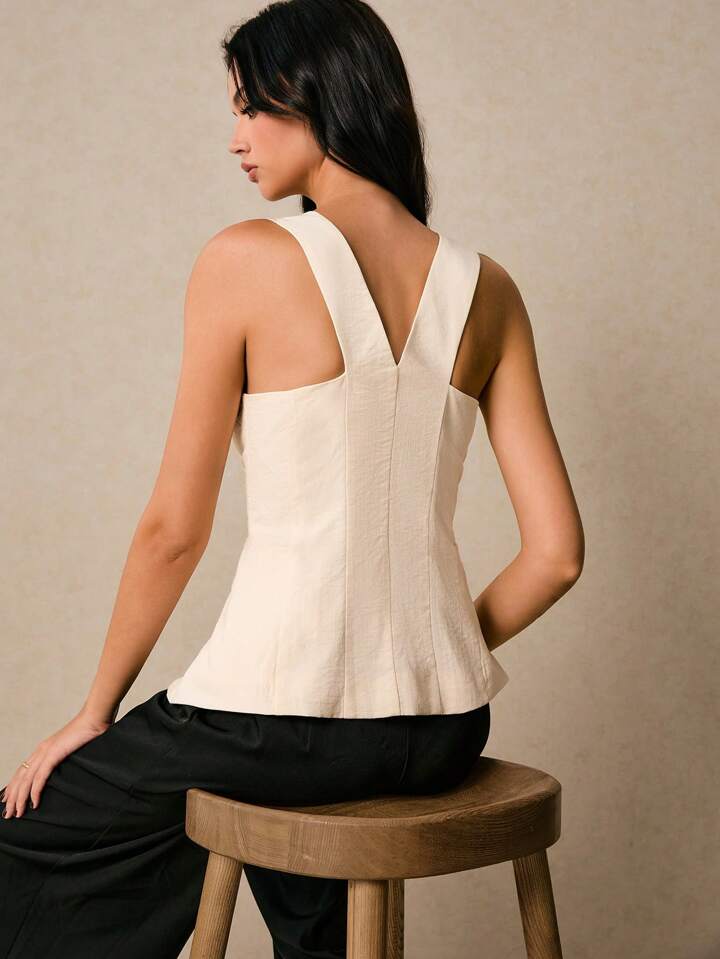 CM-TS066292 Women Elegant Seoul Style Solid Color Round Neck Button Down Sleeveless Asymmetrical Shirt - Apricot